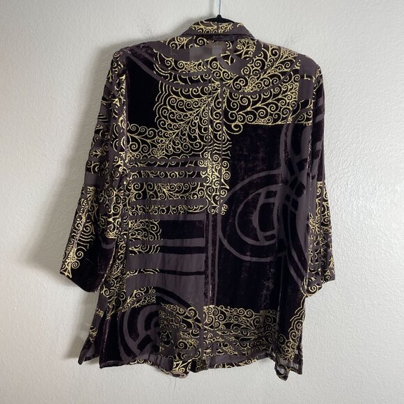 Un Jour Ailleurs Womens 10 Button Up Velvet Burnout Shirt Tunic Top Purple Gold - Picture 10 of 13